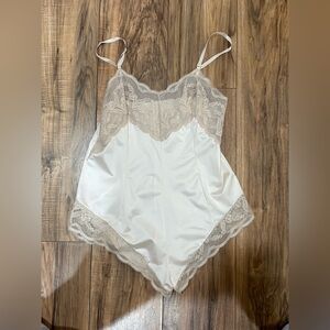 Lace Trim Satin Bodysuit - Cream